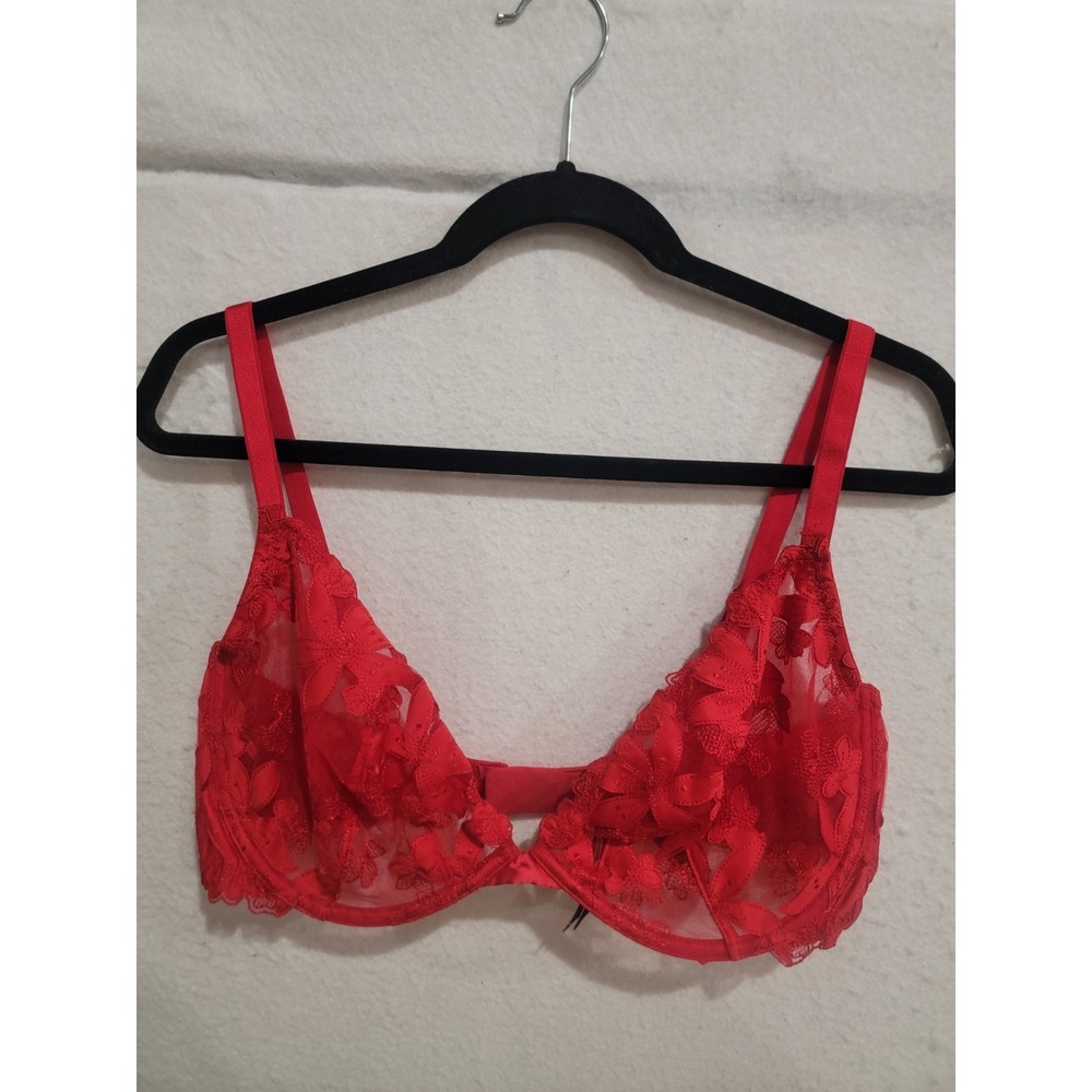 Victoria's Secret Red Floral Lace Unlined Low Cut Demi Bra 38DD Underwire